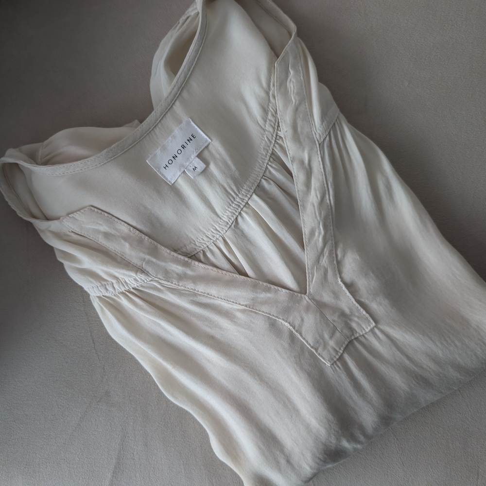 Honorine Ivory Peasant Blouse Medium Boho Luxe V-Neck Relaxed Tunic Top - Picture 5 of 9